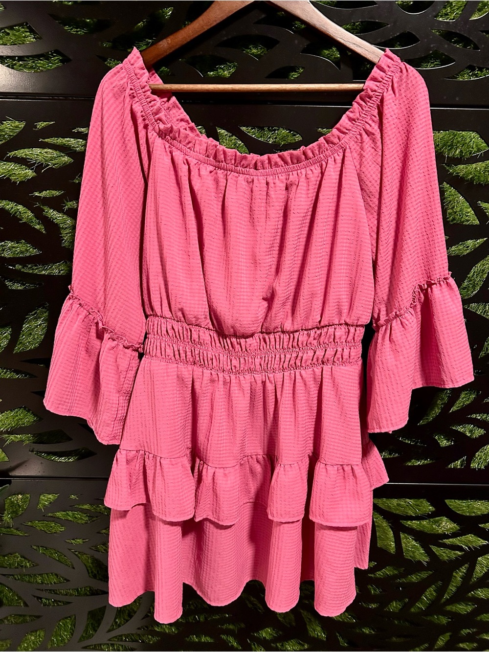 Le Lis Collection Pink Textured Off-Shoulder Ruffled Tiered Dress, XL